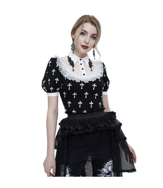 Cross Print Victorian Collar Shirt