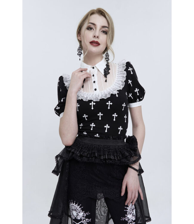 Cross Print Victorian Collar Shirt