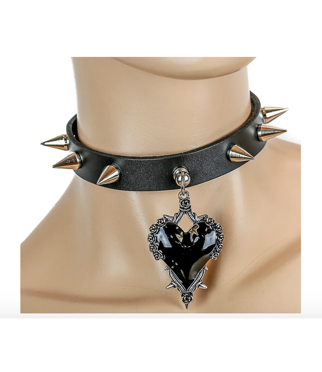 Spiked Choker with Gothic Heart Charm Pendant