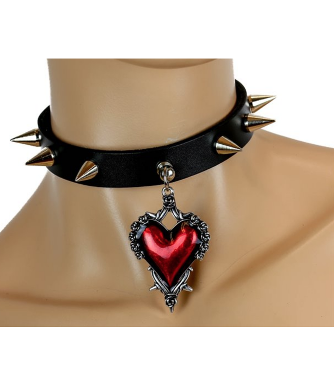 Leather choker with heart and spikes