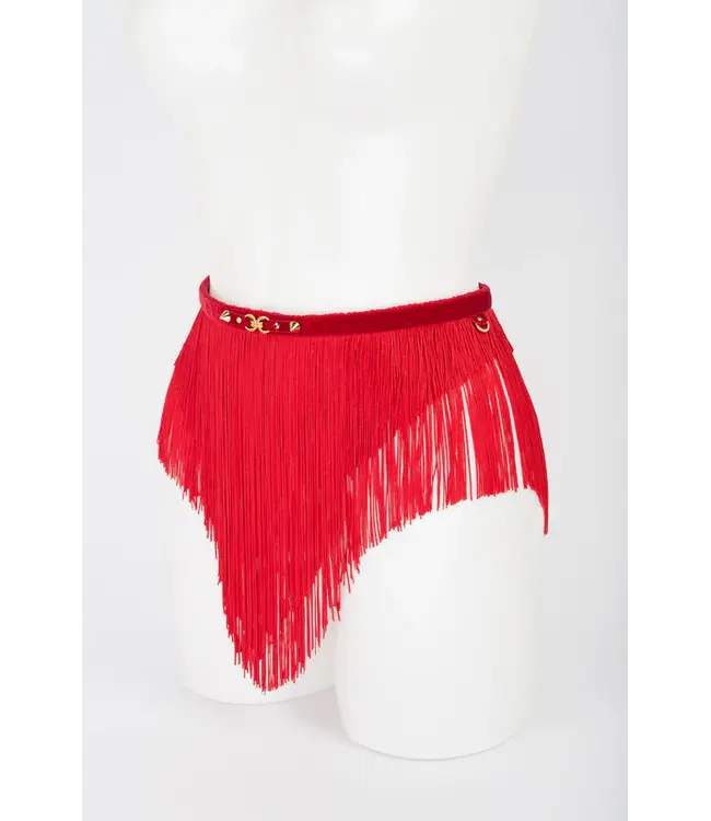 Rouge Bondage Skirt | Red Fringe Fetish Belt with Handcuffs