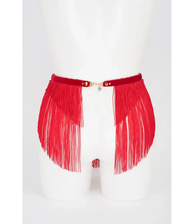 Rouge Bondage Skirt | Red Fringe Fetish Belt with Handcuffs
