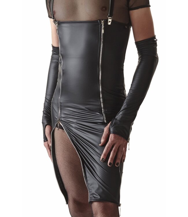 Dress with removable suspenders and long zippers