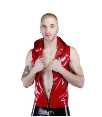 Latex101 Red and Black Latex Sleeveless Hoodie With Front Zip