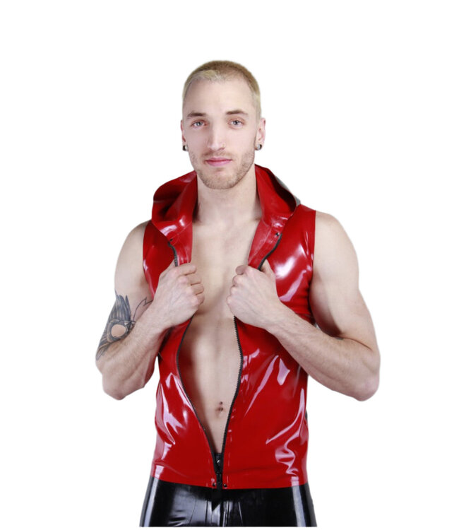 Red and Black Latex Sleeveless Hoodie With Front Zip