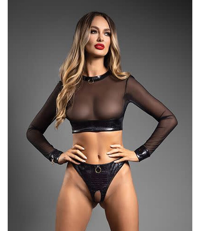 Domina Sheer Mesh & Vegan Leather 2 pc Set w/Crotchless Thong