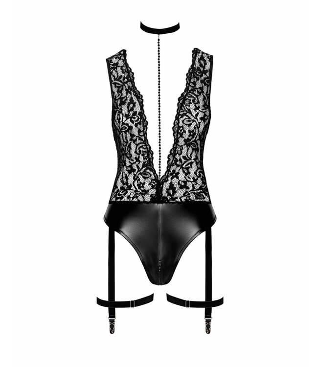 Deep-V bodysuit with collar, pearl chain and garter
