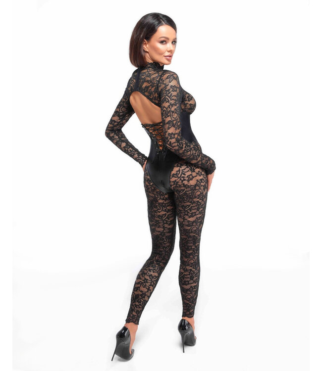 Enigma lace catsuit with underbust bodice