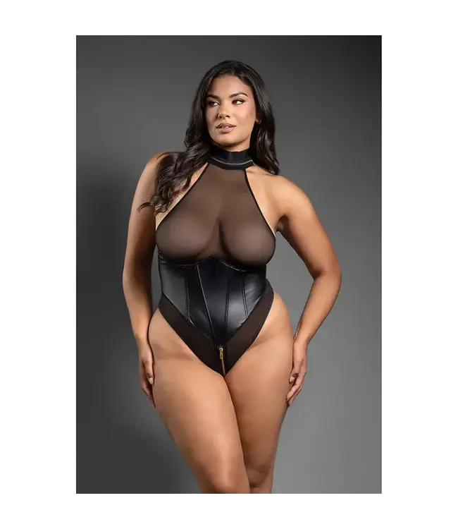 Domina Faux Leather Corset Mesh Teddy