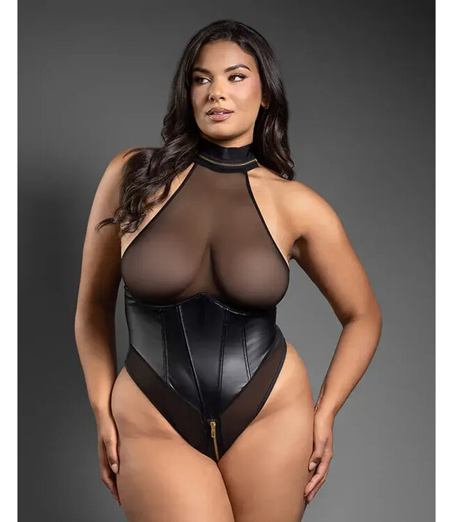 Domina Faux Leather Corset Mesh Teddy