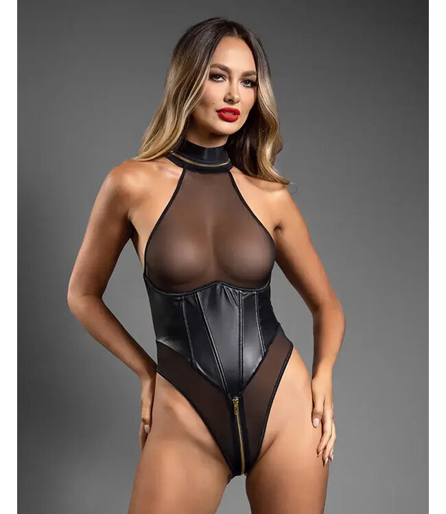 Domina Faux Leather Corset Mesh Teddy