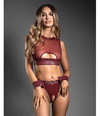 fantasy lingerie Domina Sheer Mesh & Vegan Leather 3 pc Set w/Crotchless Panty & Handcuffs