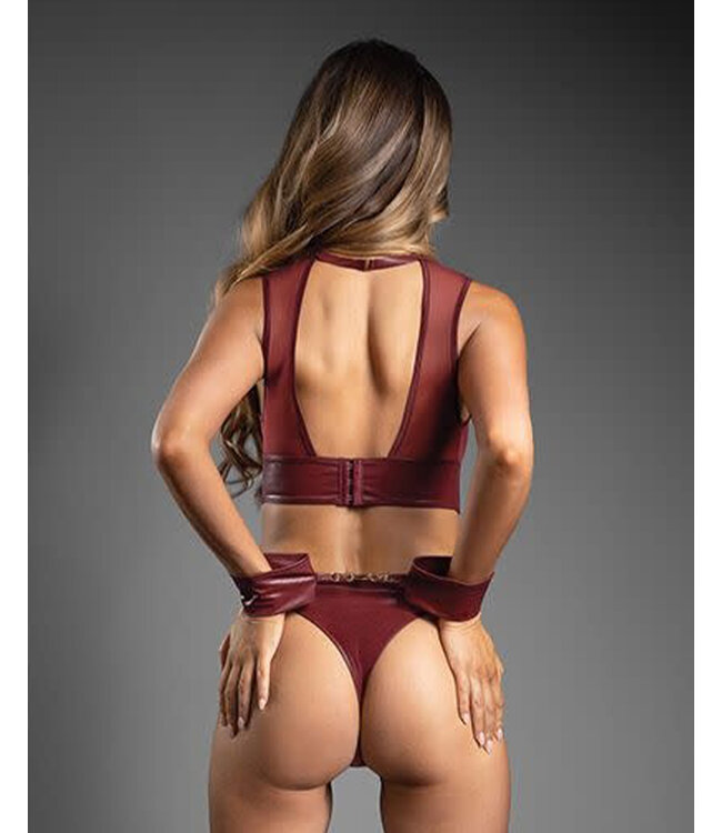 Domina Sheer Mesh & Vegan Leather 3 pc Set w/Crotchless Panty & Handcuffs