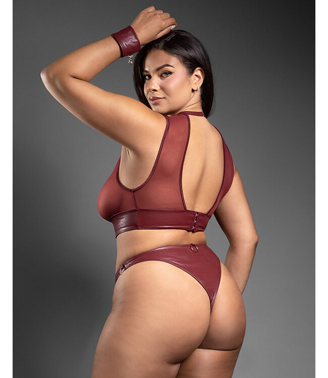 Domina Sheer Mesh & Vegan Leather 3 pc Set w/Crotchless Panty & Handcuffs