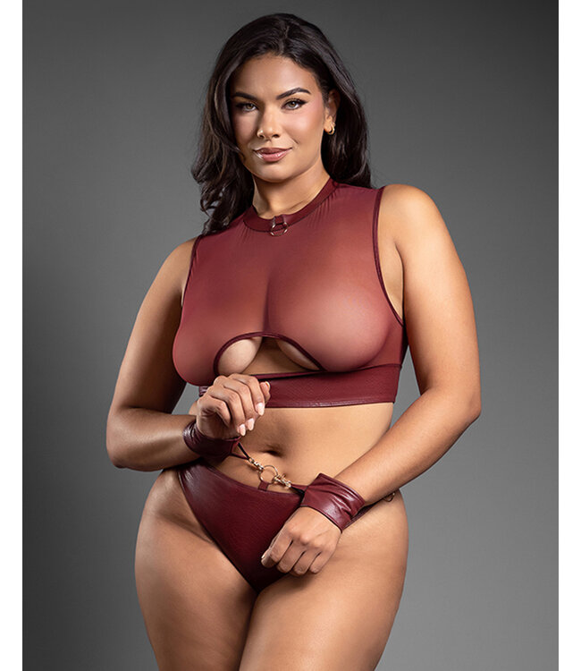 Domina Sheer Mesh & Vegan Leather 3 pc Set w/Crotchless Panty & Handcuffs