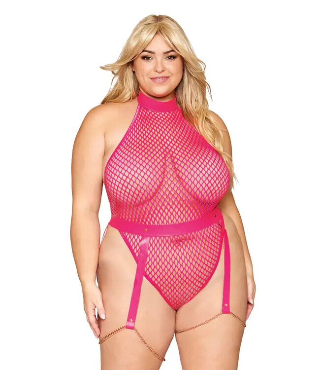 Fishnet Teddy with Pleather and Chain Garter Belt Peony | Dreamgirl