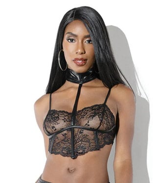 Coquette Lace Bra Top With Wetlook Bone Casing And Attached Choker Black