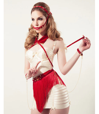 Fräulein Kink Rouge Bondage Skirt | Red Fringe Fetish Belt with Handcuffs