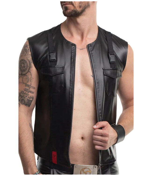 Men’s Wetlook Slim-Fit Vest with Dual Zipper & Pocket