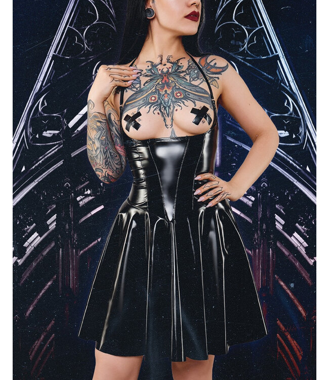 Short  Vinyl Dress with an Exposed Cleavage