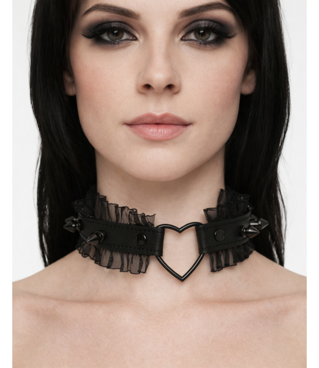 Black Lace and Spikes Heart Choker