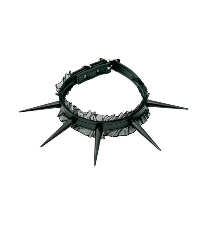 Black Spiked Leather Choker with Sheer Ruffle