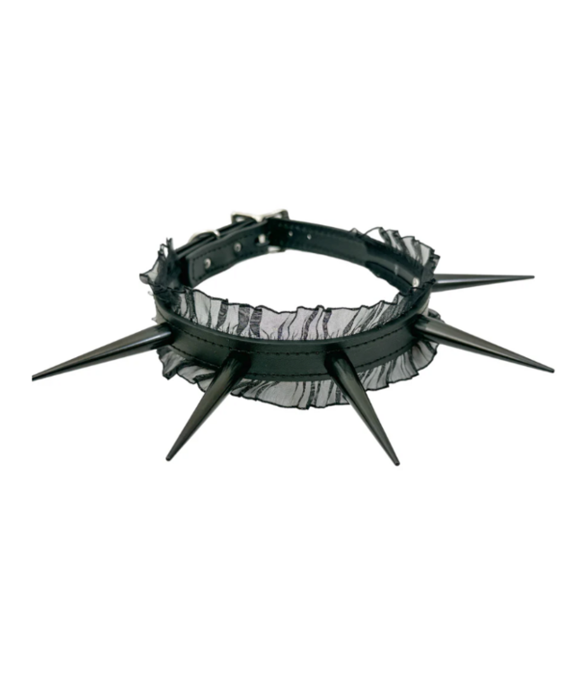 Black Spiked Leather Choker with Sheer Ruffle