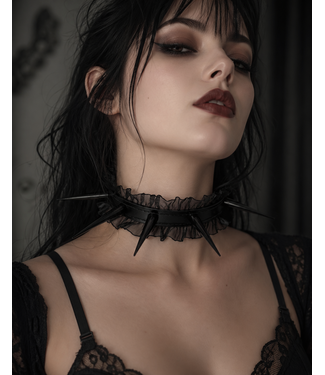 Funk Plus Black Spiked Leather Choker with Sheer Ruffle