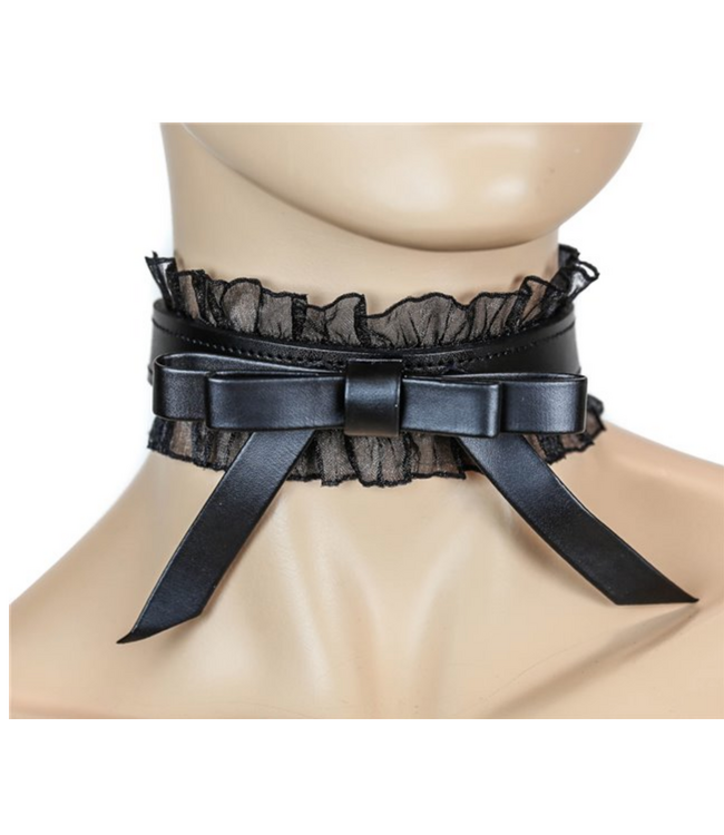 Black Leather Bow Choker with Lace Ruffle