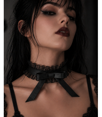 Funk Plus Black Leather Bow Choker with Lace Ruffle