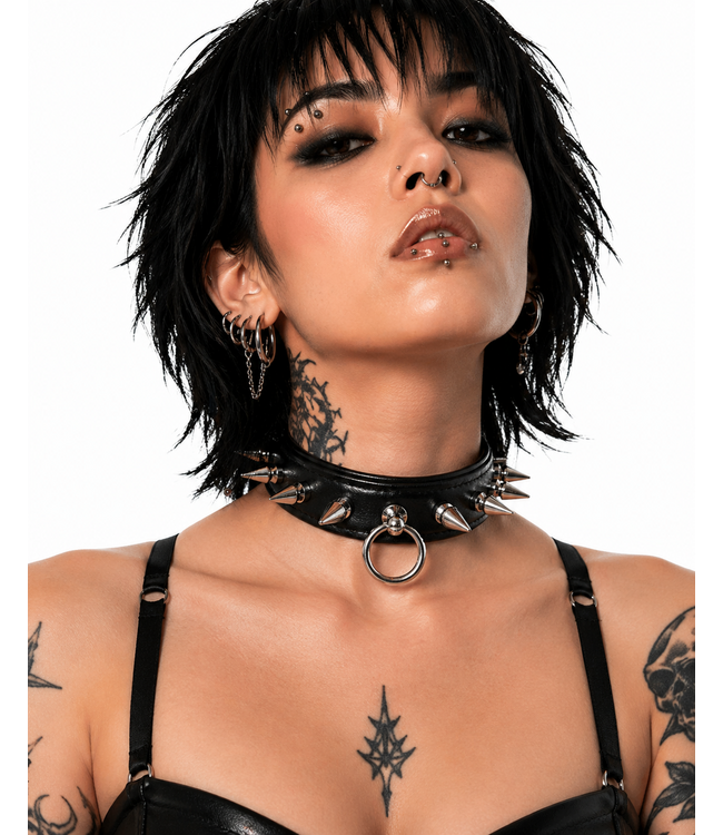 Modern Punk Collar | Leather Spiked BDSM Collar with O-Ring