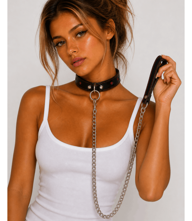 Black Collar with red hearts and leash