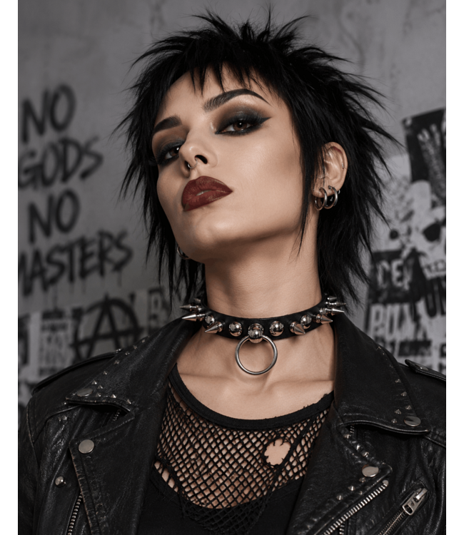 Leather O-Ring Spike Choker with Studs