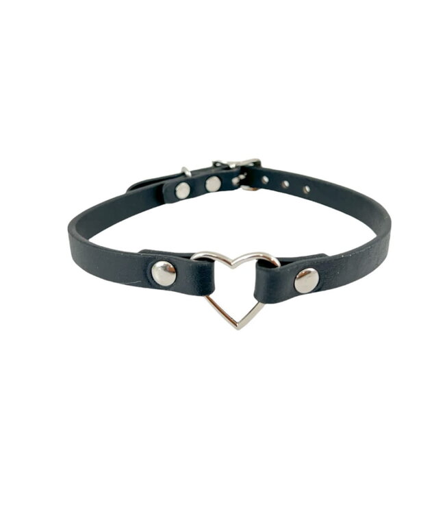 Silver Heart Thin Leather Choker