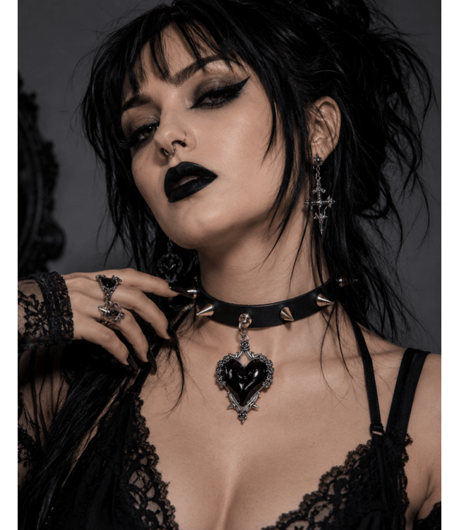 Spiked Choker with Gothic Heart Charm Pendant