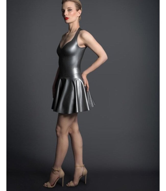 Silver Latex Dress with Flared Skirt