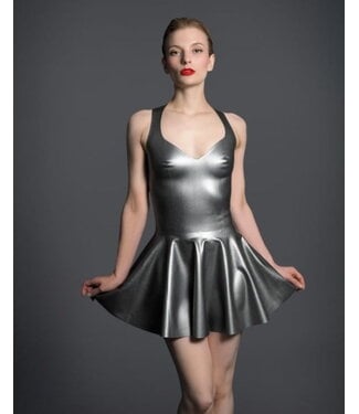 Peter Domenie Silver Latex Dress with Flared Skirt