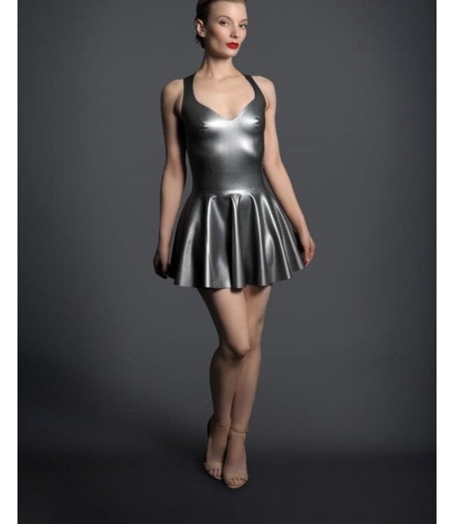 Silver Latex Dress with Flared Skirt