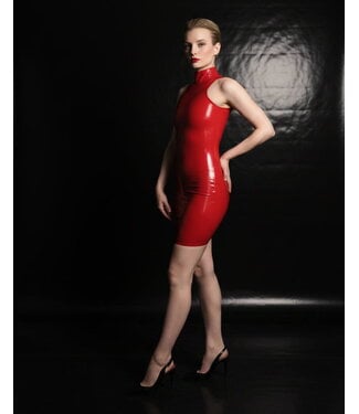 Peter Domenie Sleeveless Red Latex Dress with a Mock Turtleneck