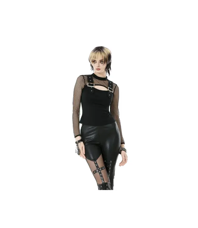 Punk Knitted Top with Mesh Overlay & Shoulder Buckles