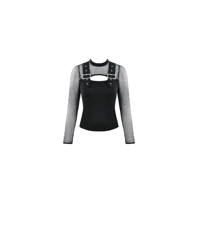 Punk Knitted Top with Mesh Overlay & Shoulder Buckles