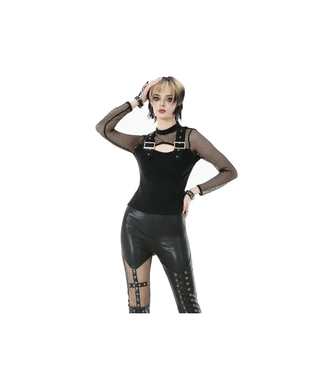 Punk Knitted Top with Mesh Overlay & Shoulder Buckles