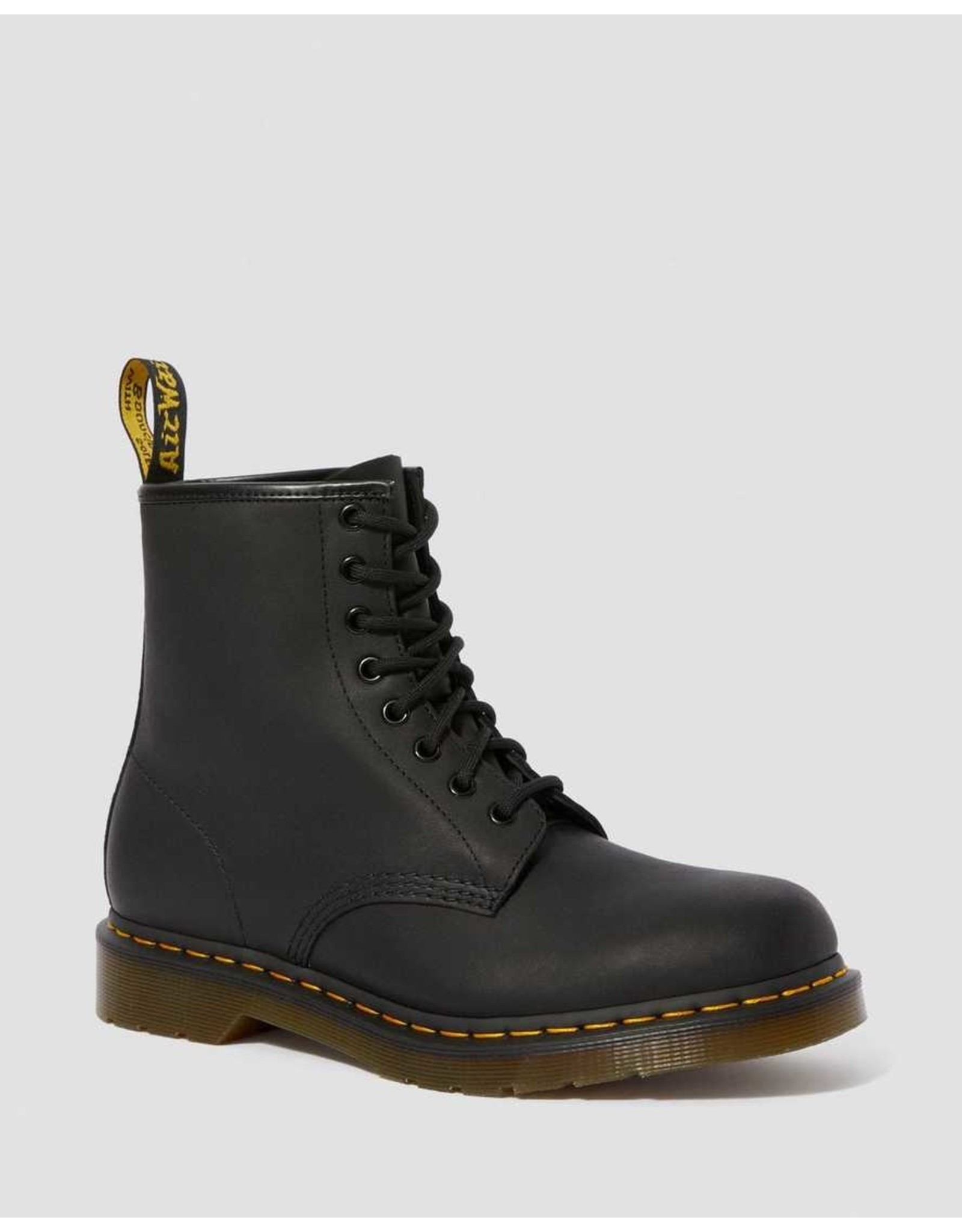 DR. MARTENS DR. MARTENS BLACK GREASY LEATHER LACE UP BOOTS