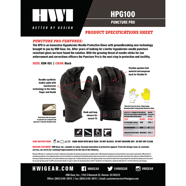 HWI TACTICAL & DUTY DESIGNS PUNCTURE PRO HYPODERMIC NEEDLE PROTECTIVE GLOVE