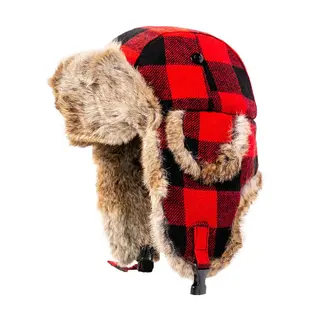 CROWN CAP RED BUFFALO CHECK AVIATOR HAT W/RABBIT FUR