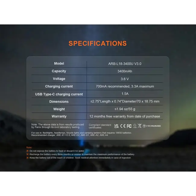 FENIX ARB-L18-3400U V3.0 LI-ION BATTERY