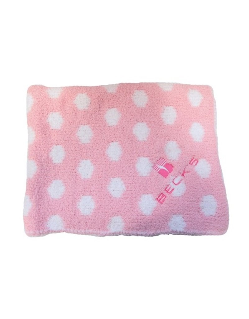 pink baby blanket with white polka dots