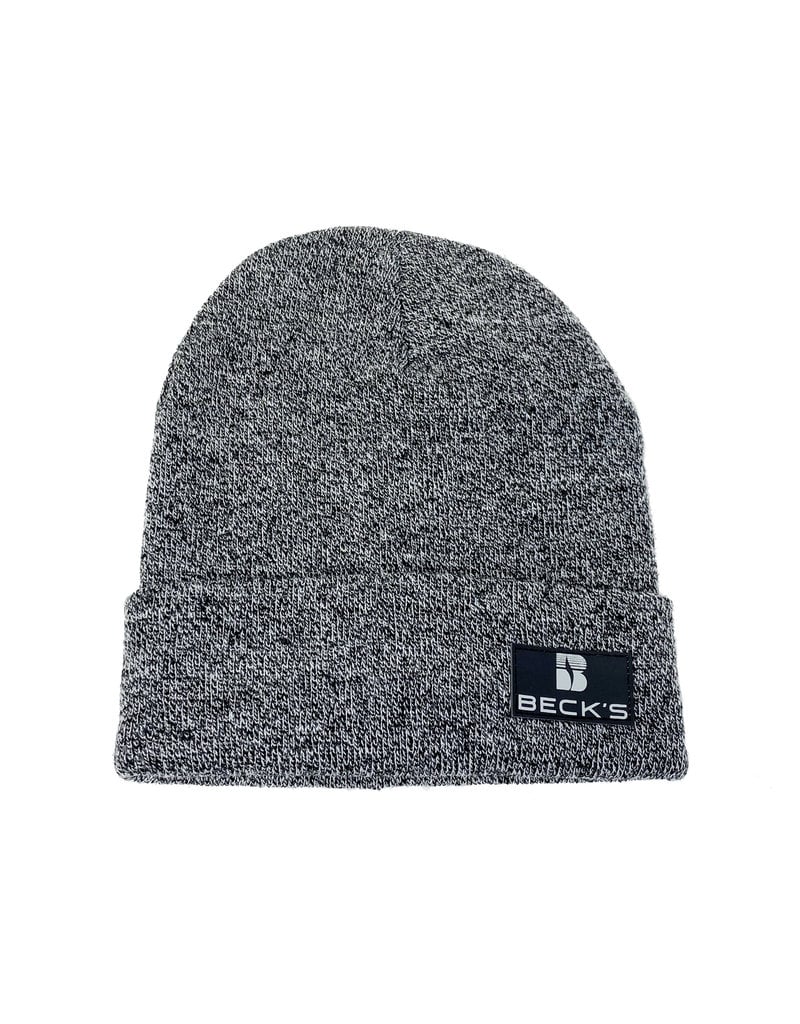 Gray Knit Cuffed Beanie with Leather Patch