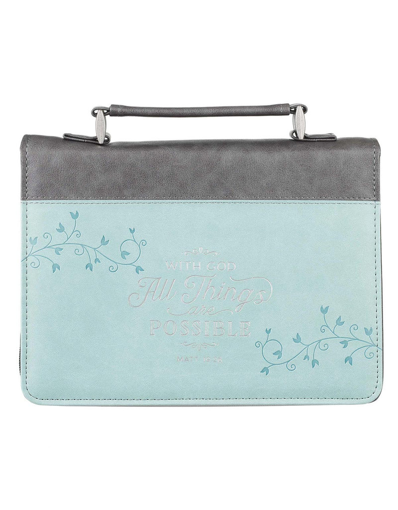 All Things Are Possible Classic Faux Leather Bible Cover in Light Blue - Matthew 19:26