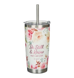 Be Still and Know Bright Floral Stainless Steel Travel Tumbler with Stainless Steel Straw - Psalm 46:10